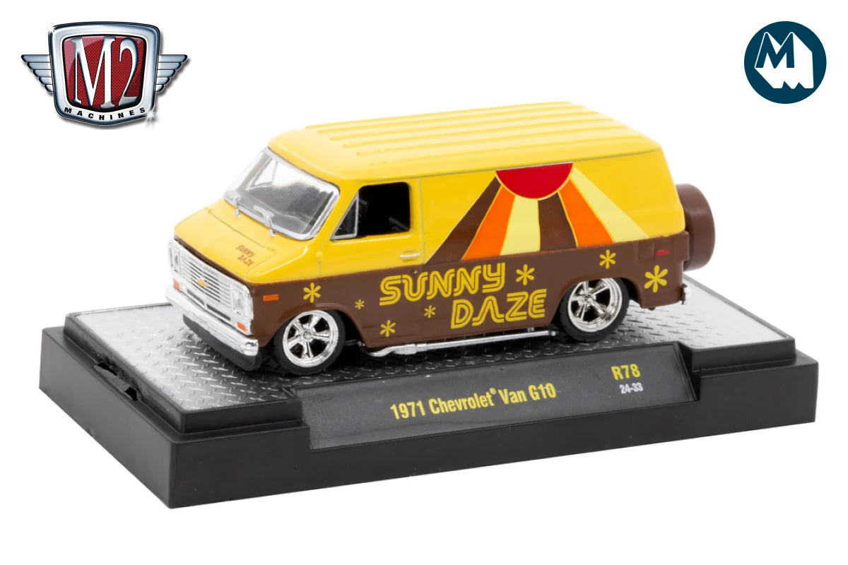 M2 Machines 1971 Chevrolet Van G10 Sunny Daze en base de exhibición